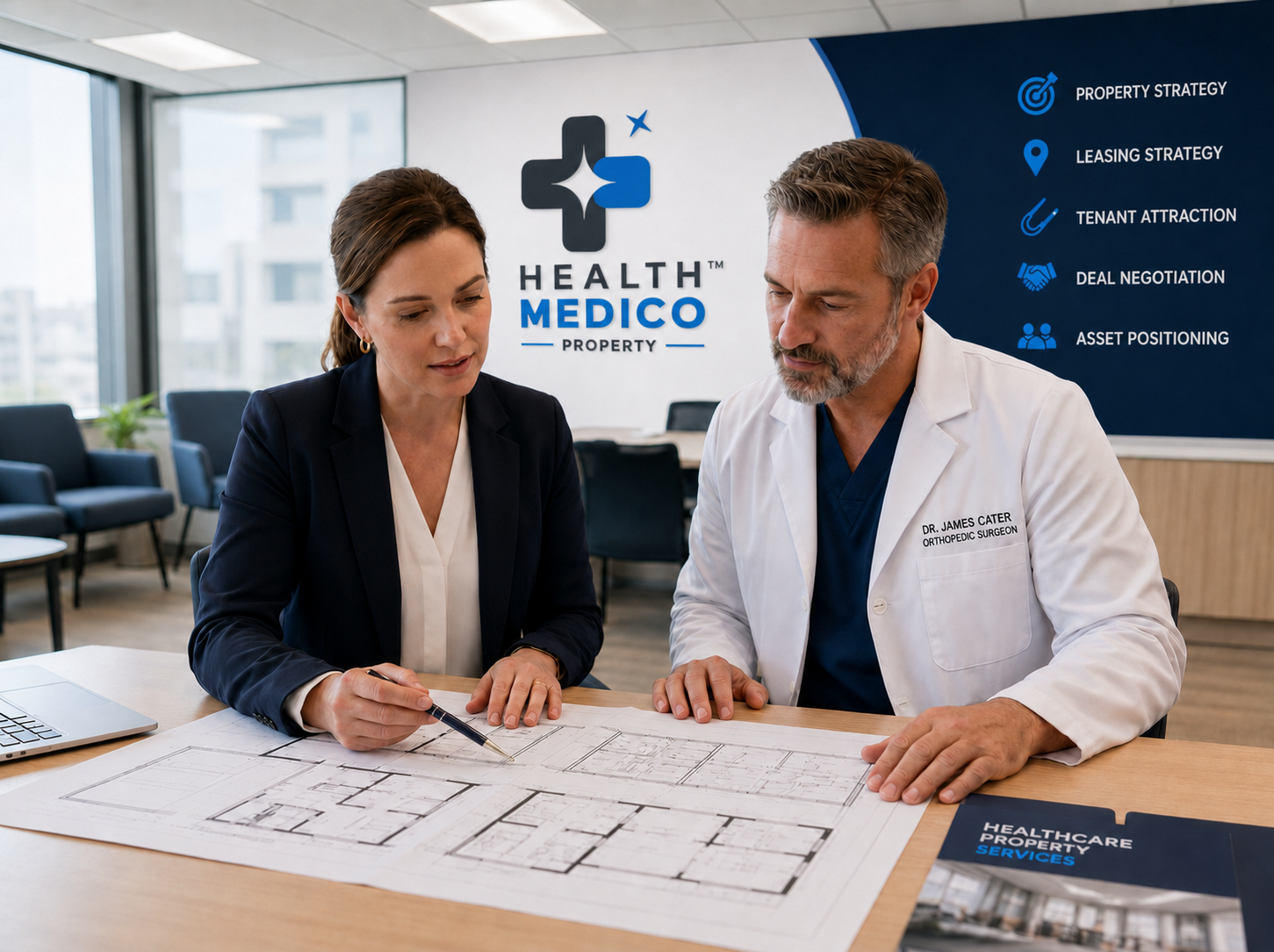 Healthcare property advisor reviewing floor plans with an orthopaedic surgeon in a modern Health MediCo™ Property office