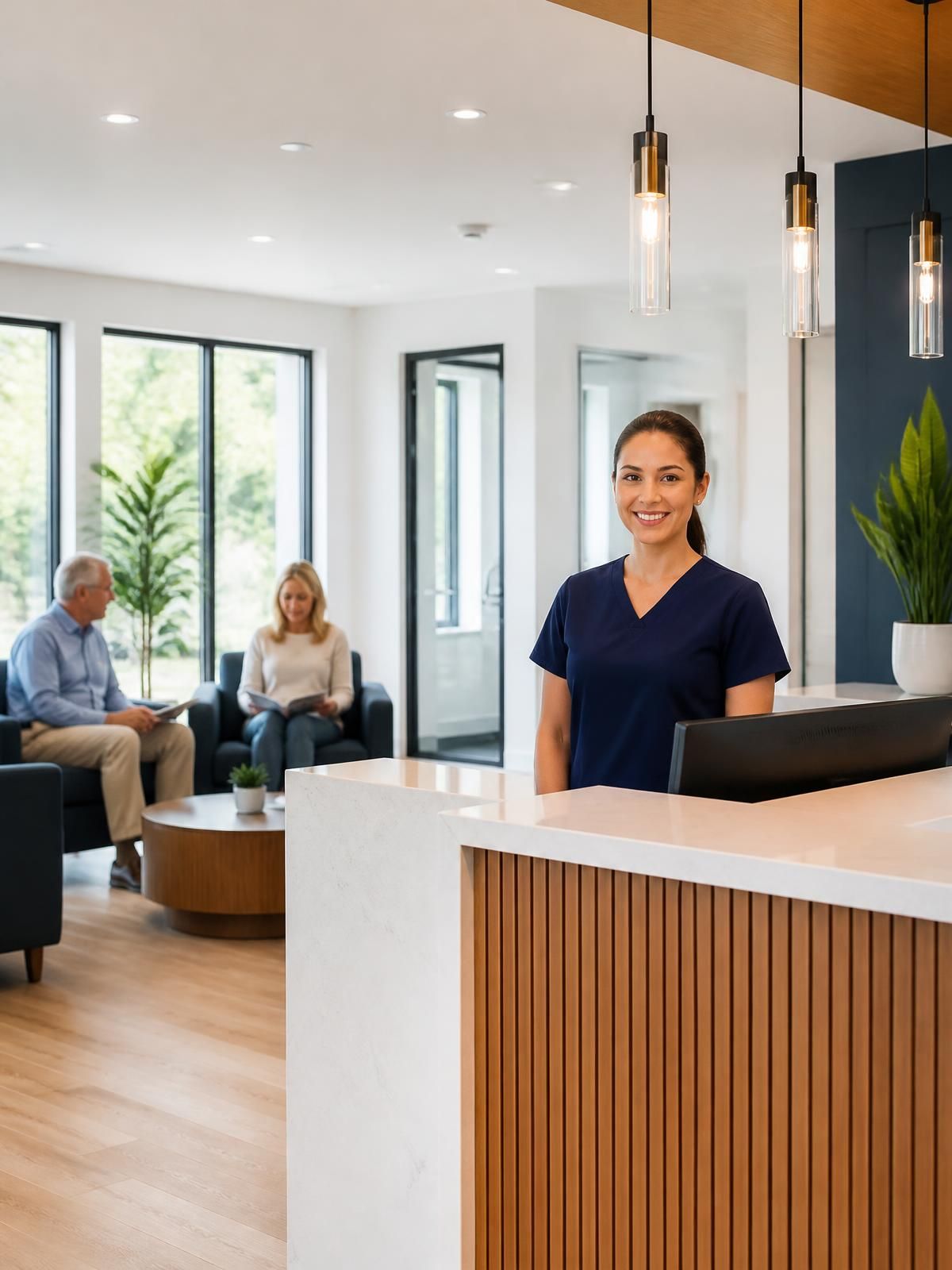 Bright modern GP clinic reception and waiting area