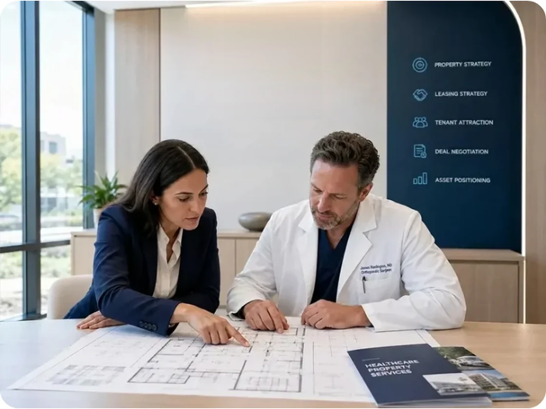 Healthcare property advisor reviewing floor plans with an orthopaedic surgeon in a modern Health MediCo™ Property office